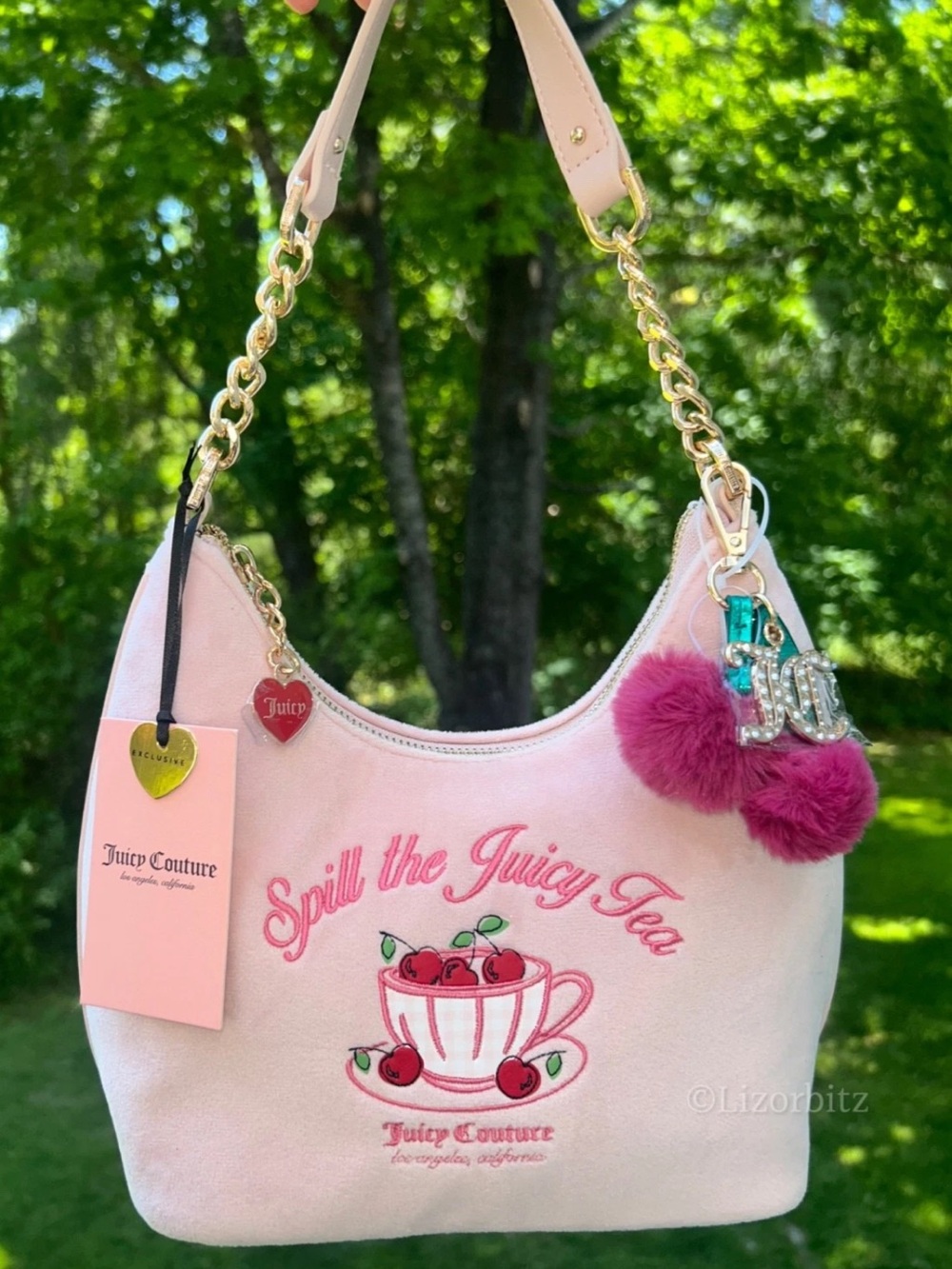 NEW! NWT JUICY COUTURE Sweet Tea Party Velour Hobo Shoulder Bag in Pink Clay